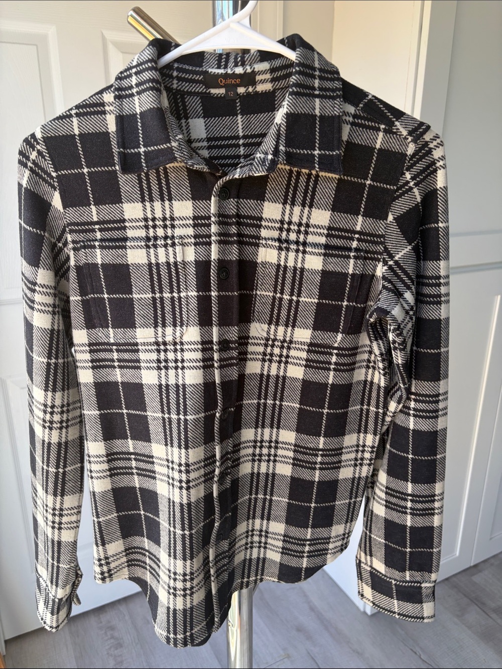 Quince Black and Taupe Buffalo Plaid Boys Button-Down Shirt, Size 12.